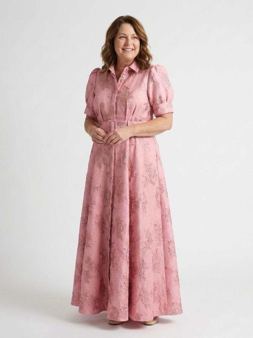 Xanthea | Robe Chemise Maxi à Manches Courtes avec Ceinture Florale Texturée