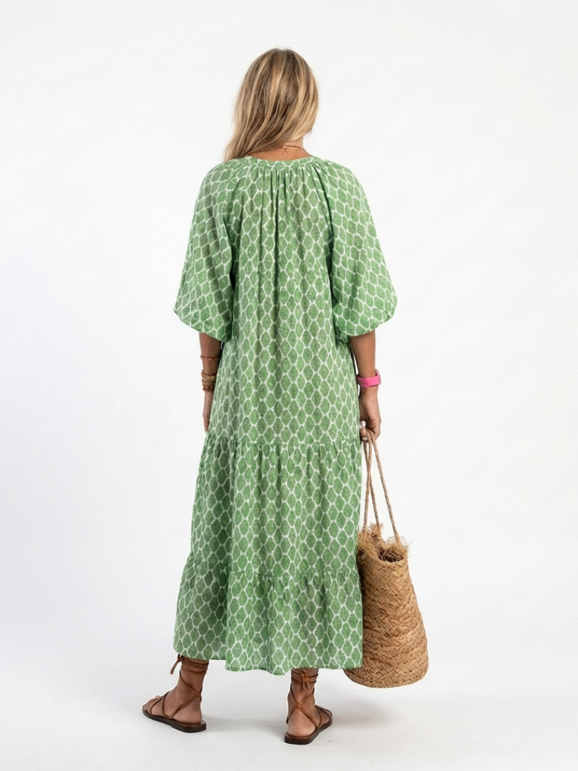 Apolline | Robe midi à manches trois-quarts et décolleté en V à motifs