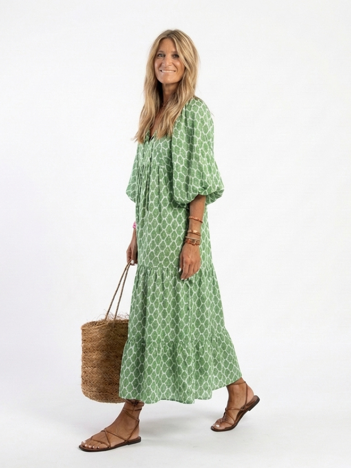 Apolline | Robe midi à manches trois-quarts et décolleté en V à motifs