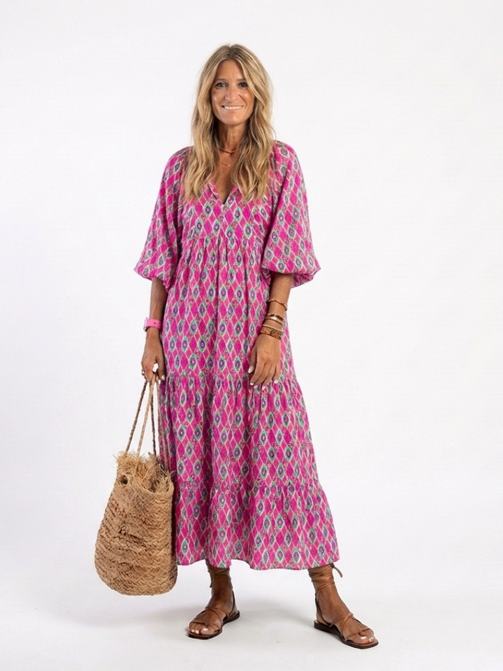 Apolline | Robe midi à manches trois-quarts et décolleté en V à motifs