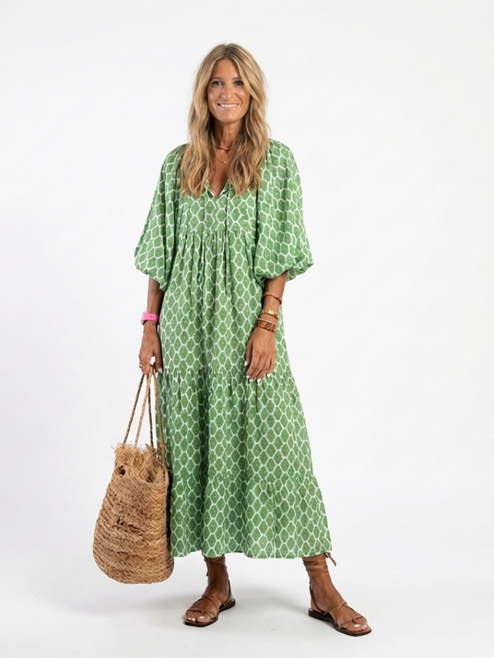 Apolline | Robe midi à manches trois-quarts et décolleté en V à motifs