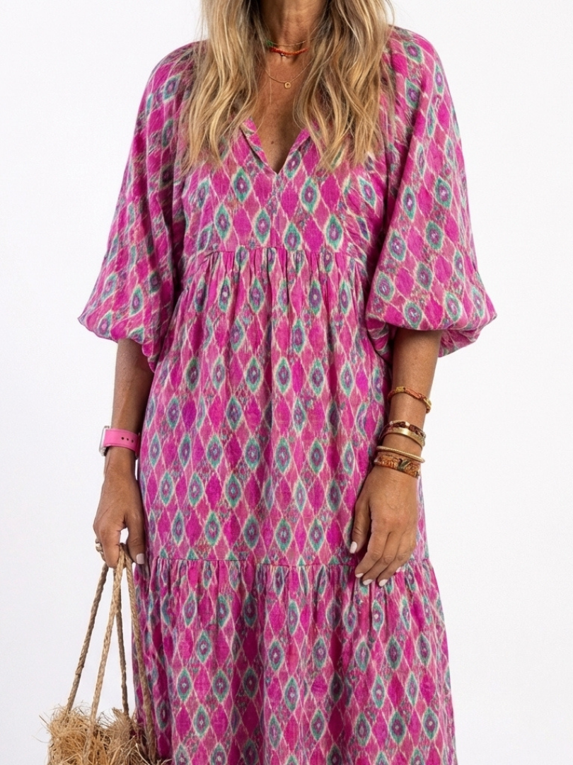 Apolline | Robe midi à manches trois-quarts et décolleté en V à motifs
