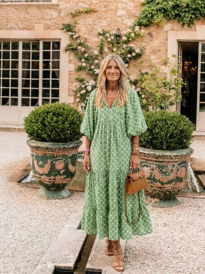 Apolline | Robe midi à manches trois-quarts et décolleté en V à motifs