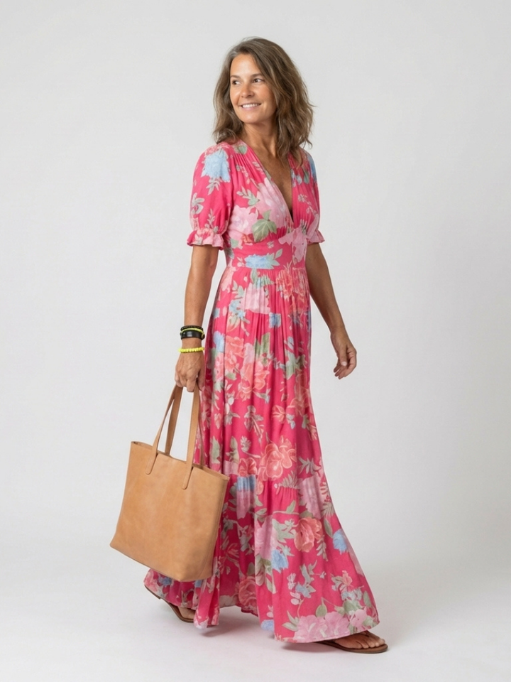 Ione | Robe midi à fleurs à manches courtes et décolleté en V