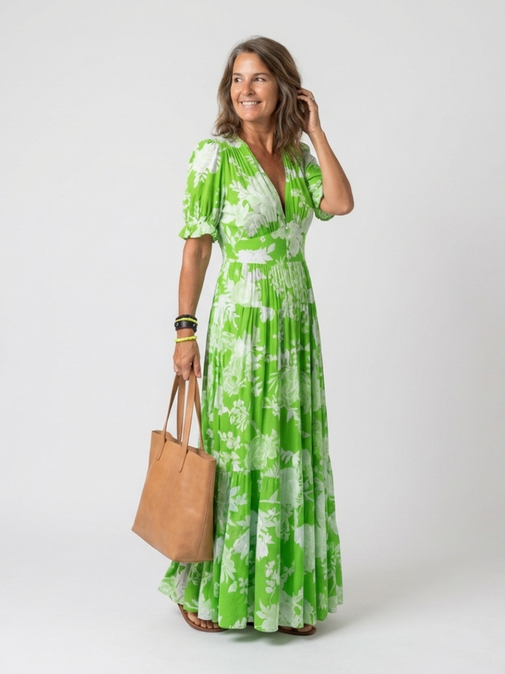 Ione | Robe midi à fleurs à manches courtes et décolleté en V
