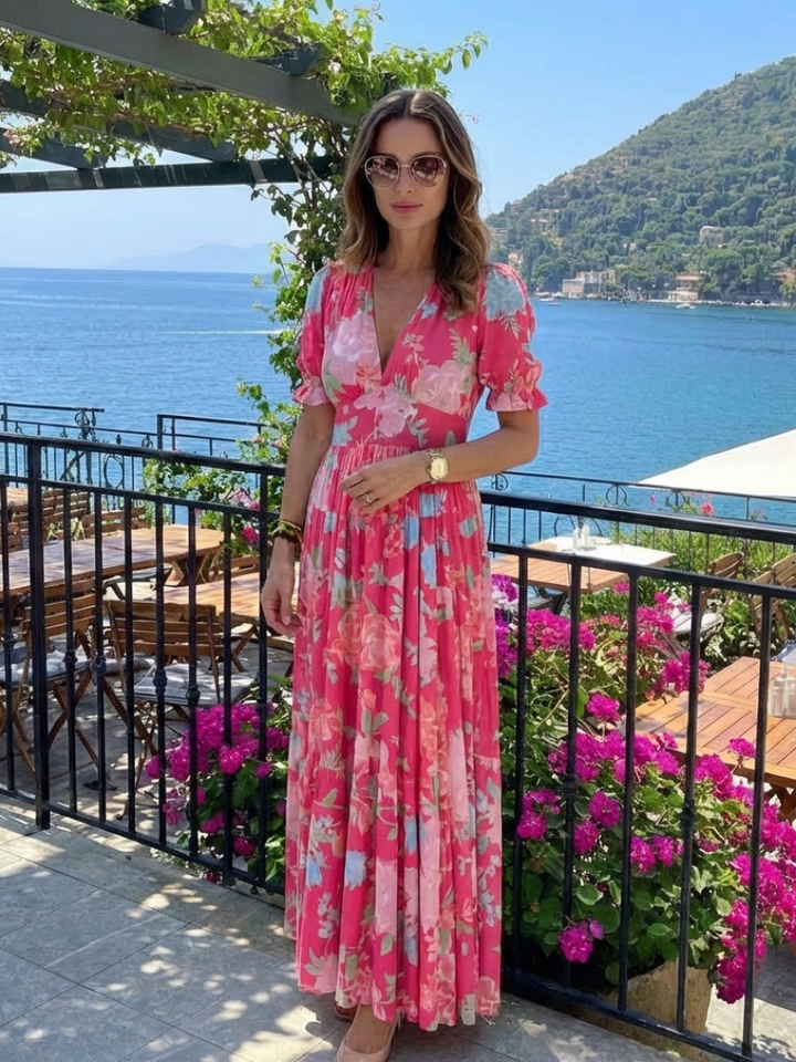Ione | Robe midi à fleurs à manches courtes et décolleté en V