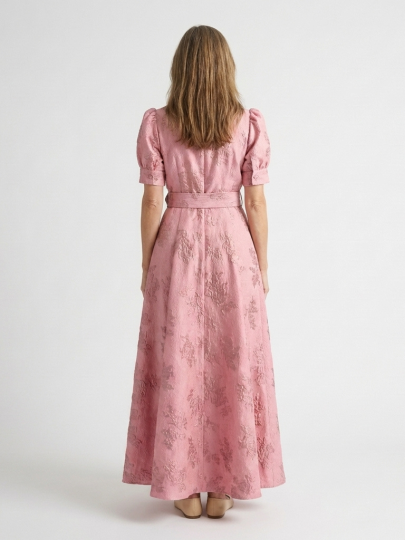 Xanthea | Robe Chemise Maxi à Manches Courtes avec Ceinture Florale Texturée