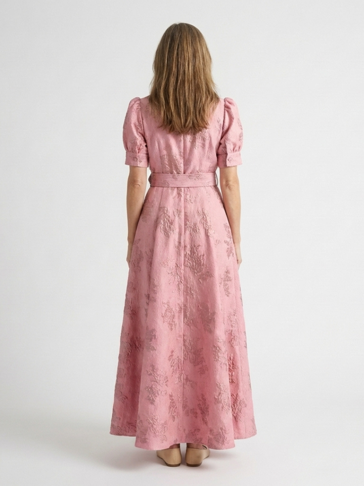 Xanthea | Robe Chemise Maxi à Manches Courtes avec Ceinture Florale Texturée