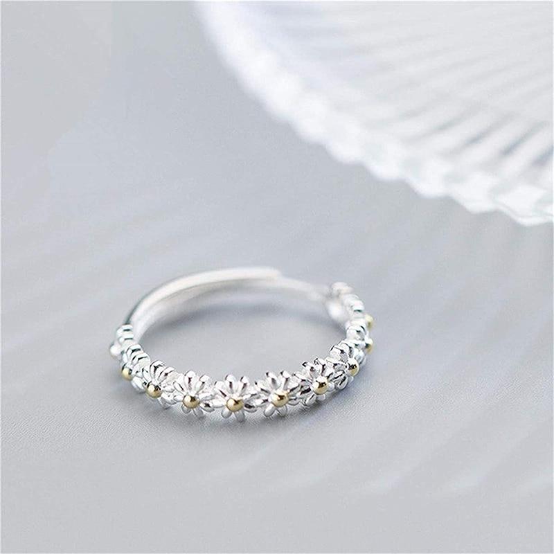 Bague marguerite ajustable en argent et émail peint à la main