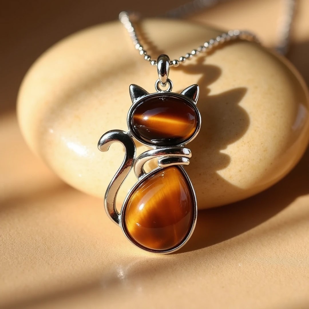 Collier avec chat en pierre véritable