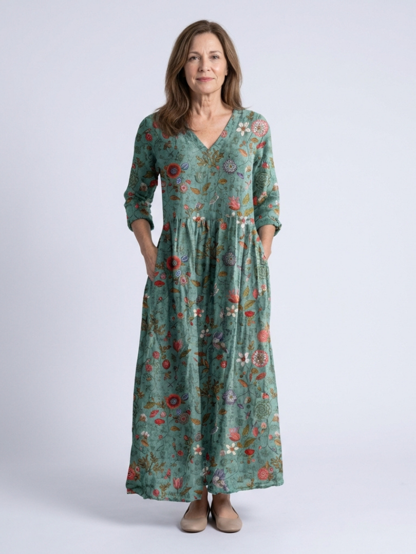 Marina | Robe Maxi à Manches Trois Quarts et Décolleté en V Floral