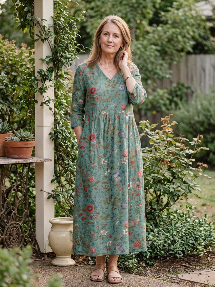 Marina | Robe Maxi à Manches Trois Quarts et Décolleté en V Floral