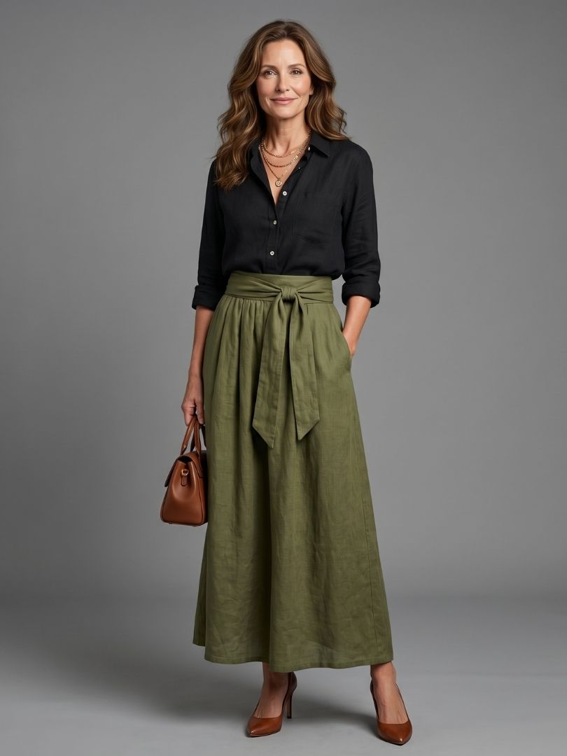 Vera | Ensemble Deux Pièces Blouse Noire Jupe Midi Vert Olive