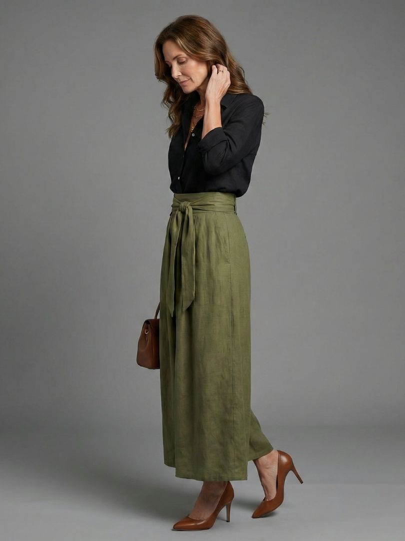 Vera | Ensemble Deux Pièces Blouse Noire Jupe Midi Vert Olive