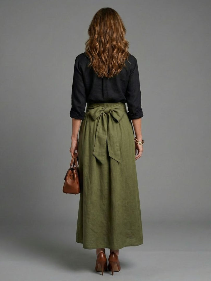 Vera | Ensemble Deux Pièces Blouse Noire Jupe Midi Vert Olive