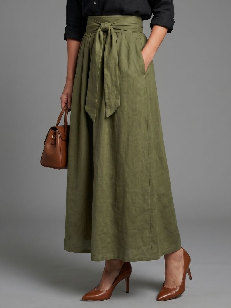 Vera | Ensemble Deux Pièces Blouse Noire Jupe Midi Vert Olive