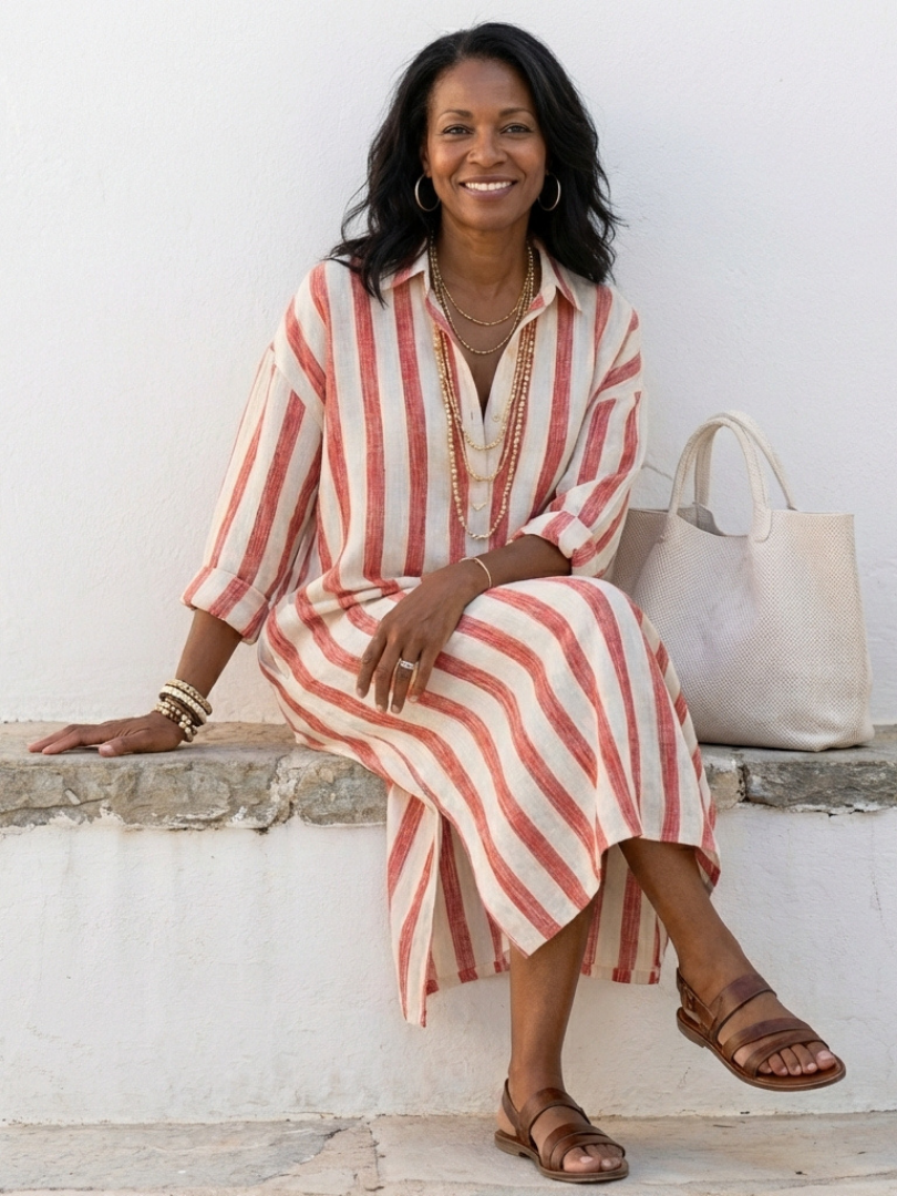 Naomi | Robe chemise midi à manches longues rayée