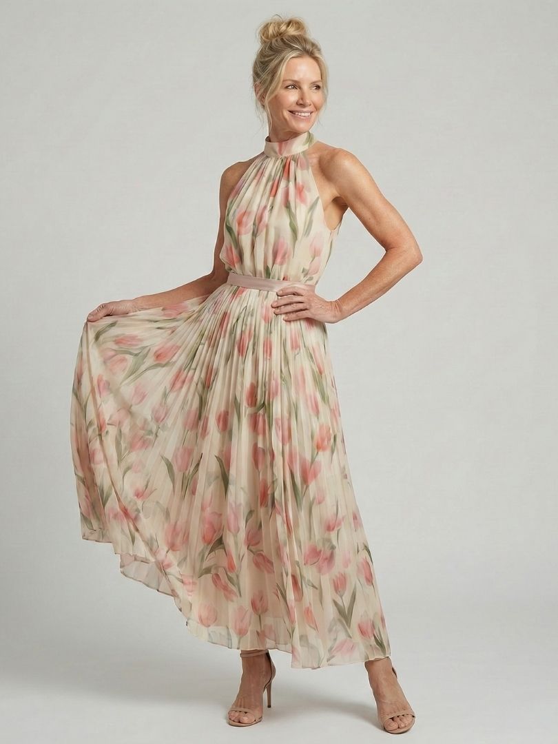 Aurelle | Robe Midi Fleurie à Col Halter