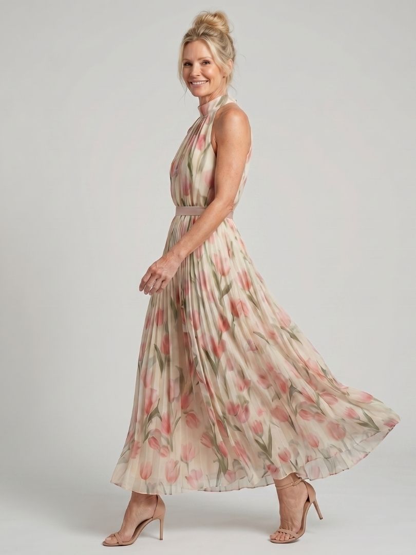 Aurelle | Robe Midi Fleurie à Col Halter