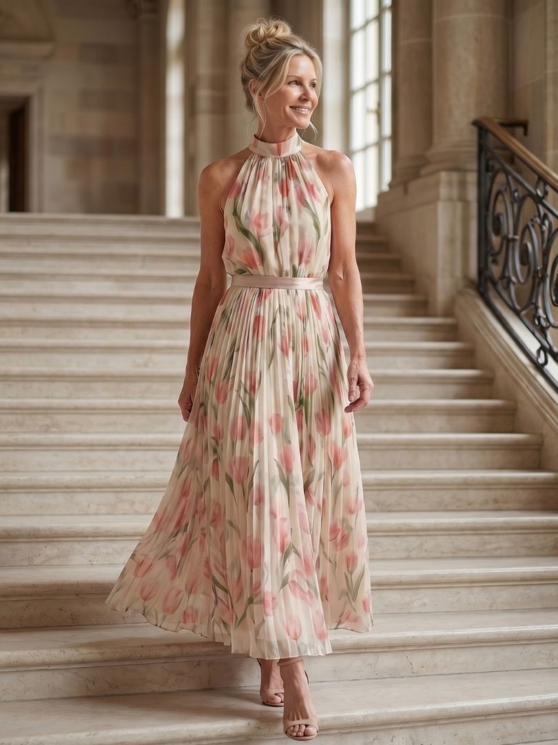 Aurelle | Robe Midi Fleurie à Col Halter