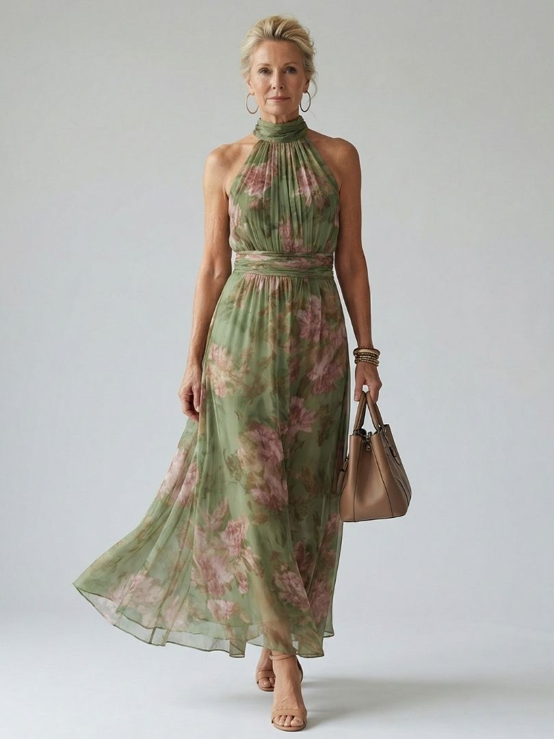 Mirelle | Robe Midi à Encolure Halter Froncée