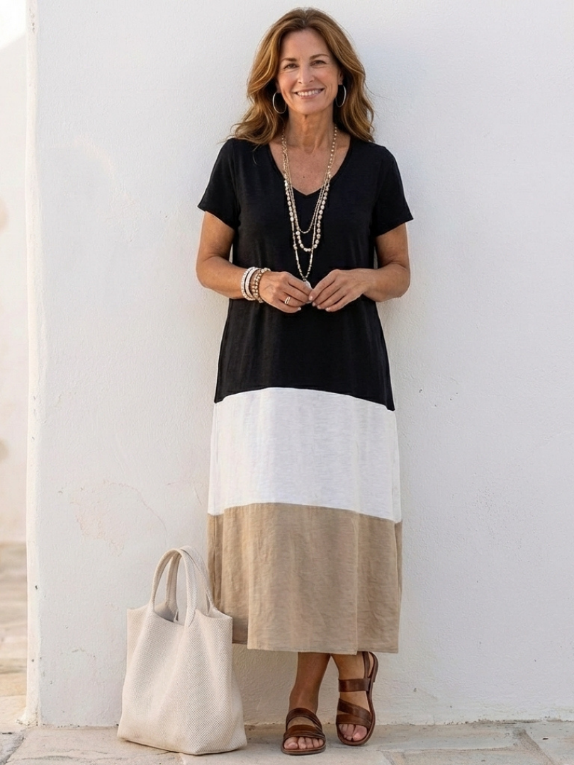 Thalia | Robe Midi à Manches Courtes en Color Block V