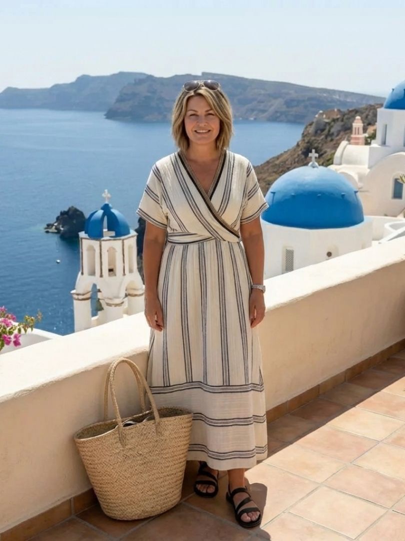 Thalassa | Robe midi à manches courtes en V avec taille enroulée