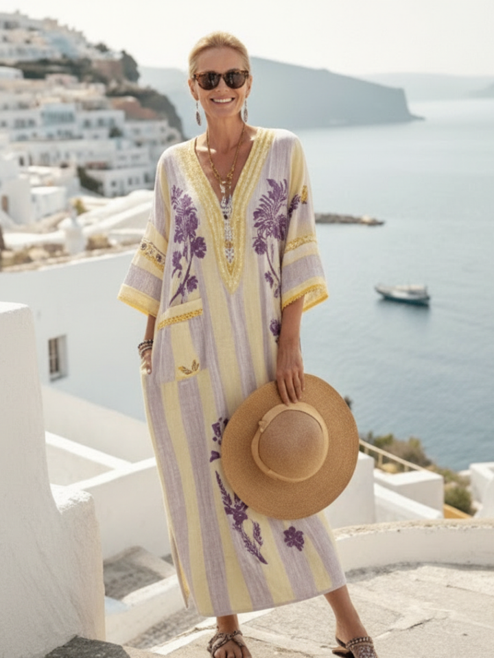 Aurelia | Robe Maxi Fleurie Rayée à Col V et Manches Mi-Longues