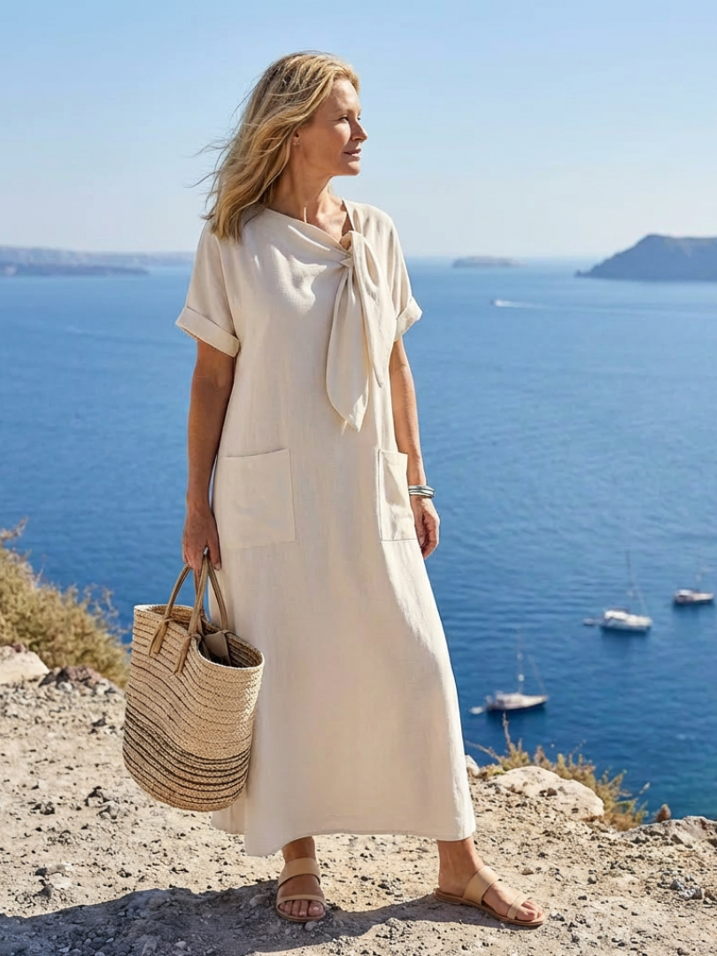 Elowyn | Robe Maxi à Col Rond et Manches Courtes avec Poches