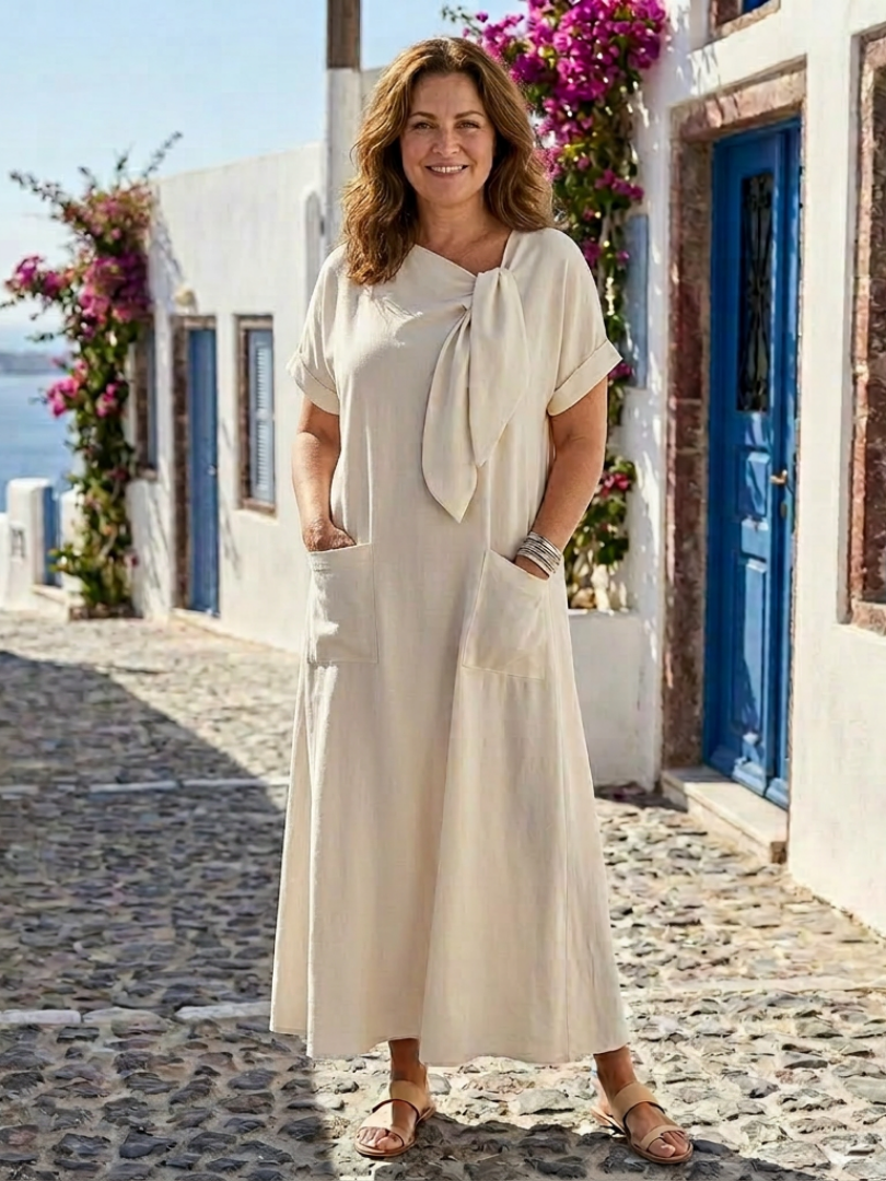 Elowyn | Robe Maxi à Col Rond et Manches Courtes avec Poches