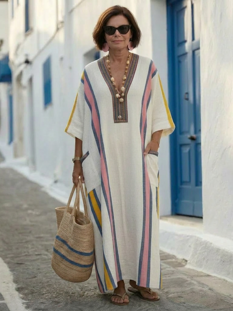 Noemi | Robe Maxi à Manches Mi-Longues et Col V avec Poches