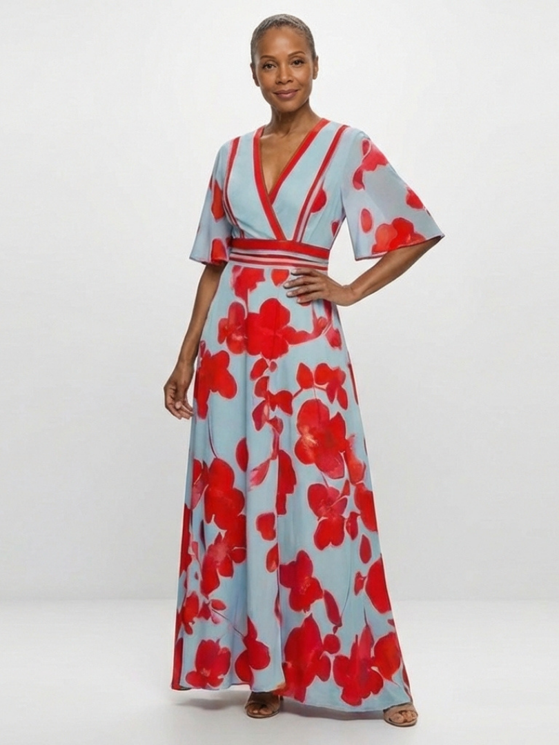 Corinne | Robe Maxi Fleurie à Manches Courtes en V