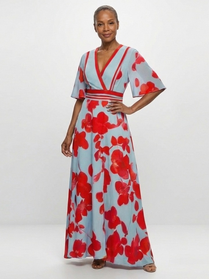 Corinne | Robe Maxi Fleurie à Manches Courtes en V