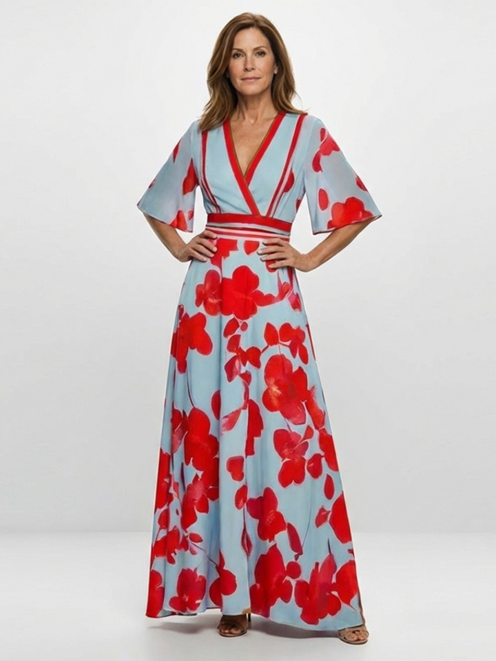Corinne | Robe Maxi Fleurie à Manches Courtes en V