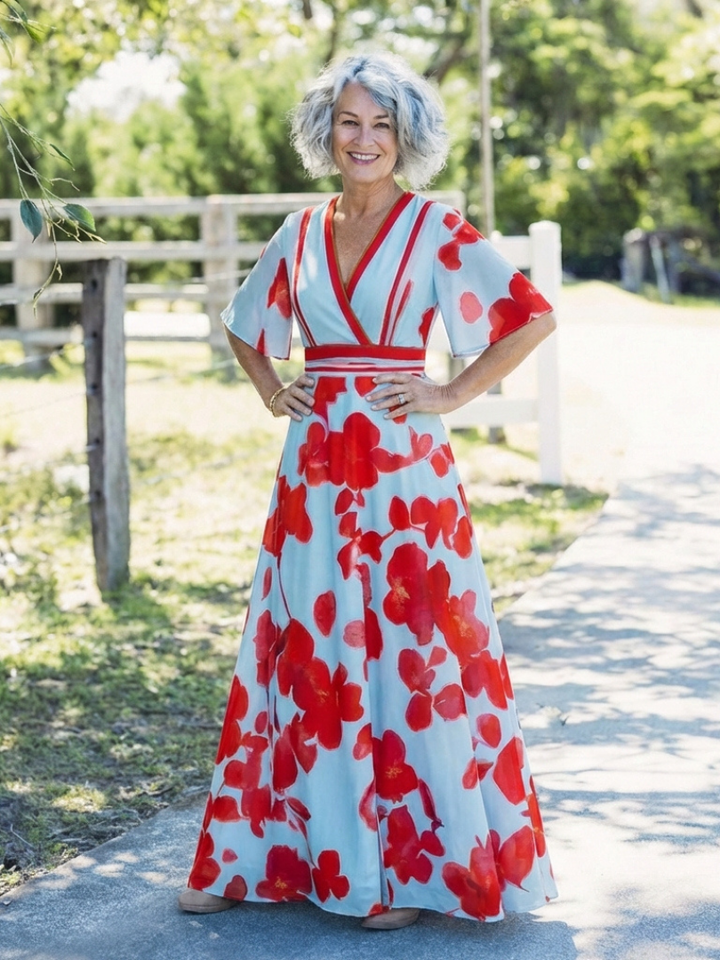 Corinne | Robe Maxi Fleurie à Manches Courtes en V