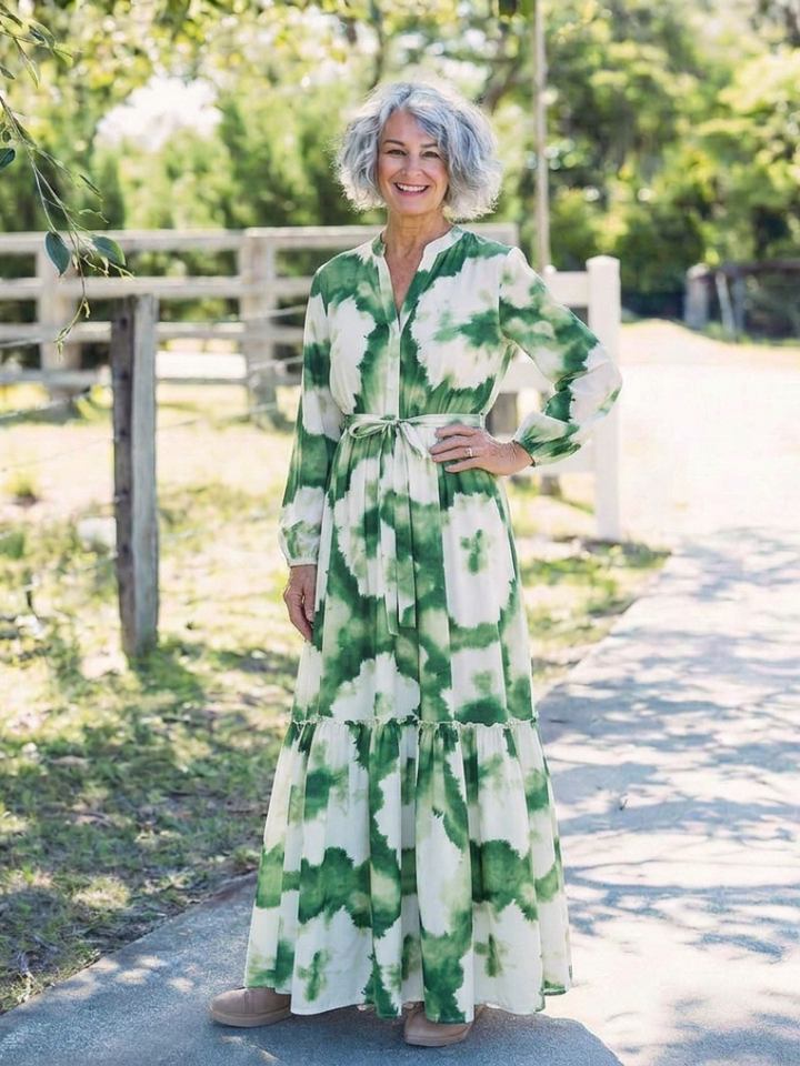 Sabine | Robe Maxi à Manches Longues avec Ceinture à Nouer