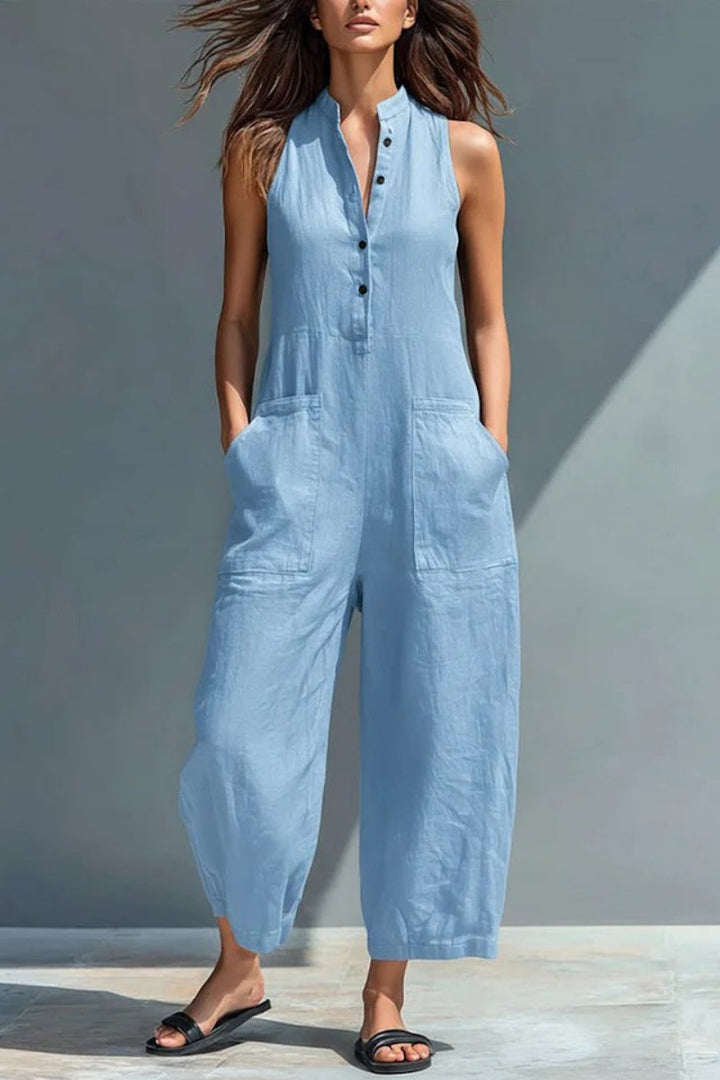 Eloïse™ | Combinaison minimaliste sans manches pour femme, avec col montant et patte boutonnée