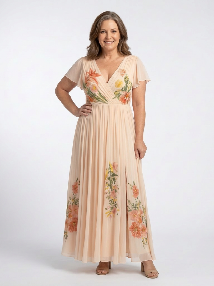 Calista | Robe Maxi Florale Plissée à Manches Courtes en V