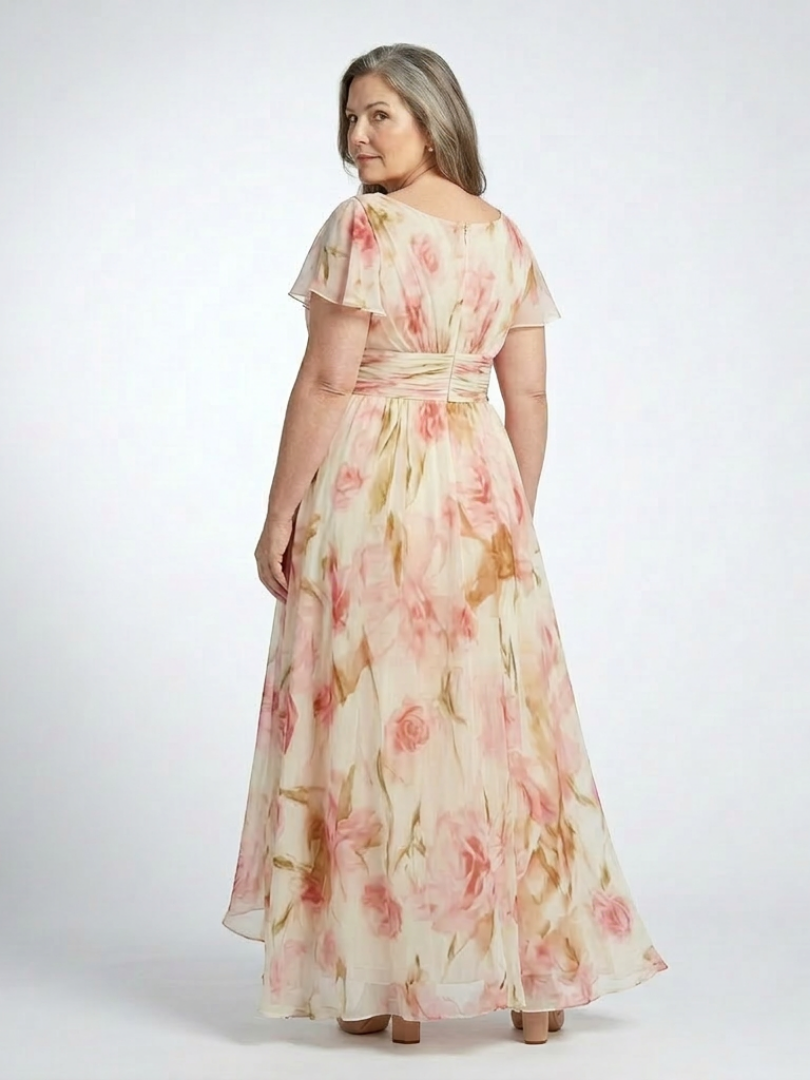 Elara | Robe Maxi Fleurie à Col V et Manches Courtes