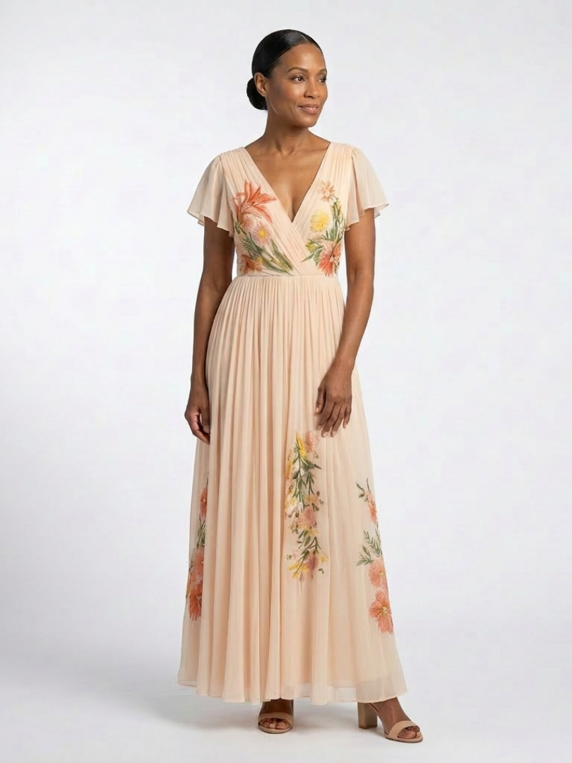 Calista | Robe Maxi Florale Plissée à Manches Courtes en V