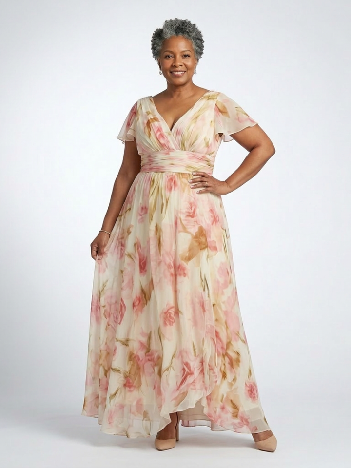 Elara | Robe Maxi Fleurie à Col V et Manches Courtes