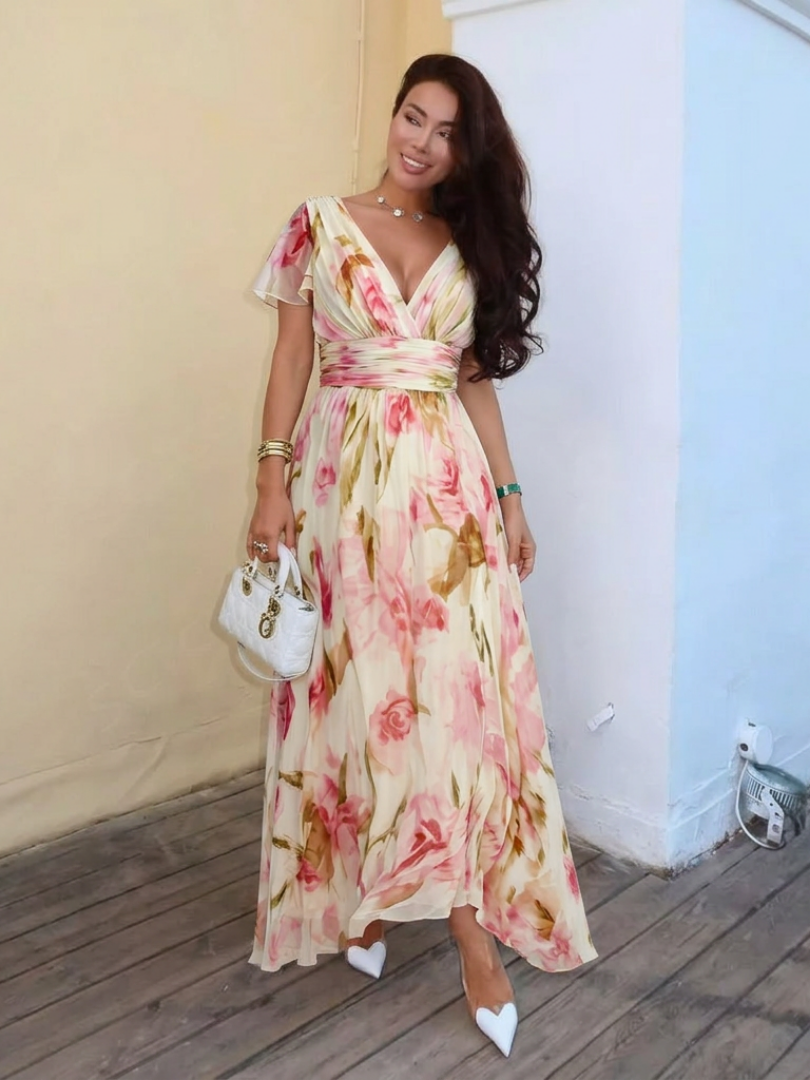 Elara | Robe Maxi Fleurie à Col V et Manches Courtes