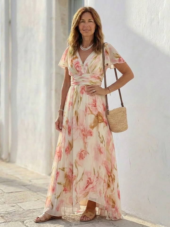Elara | Robe Maxi Fleurie à Col V et Manches Courtes
