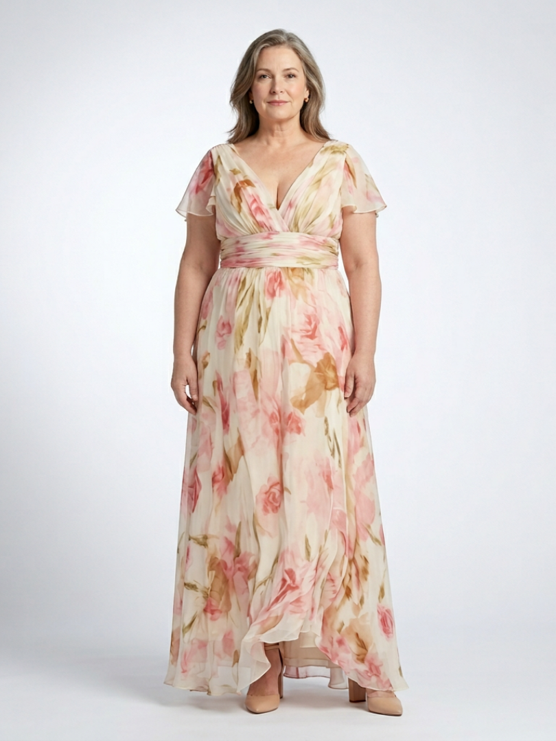 Elara | Robe Maxi Fleurie à Col V et Manches Courtes