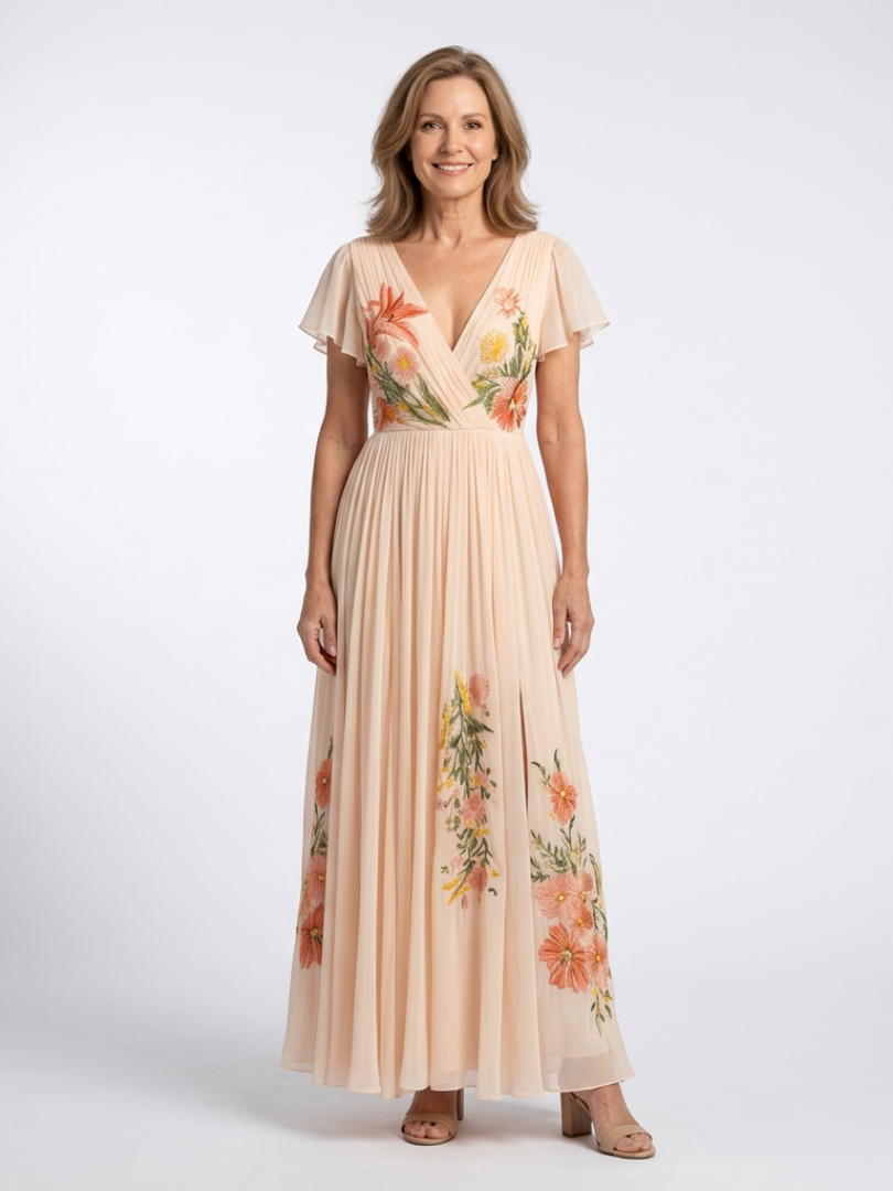 Calista | Robe Maxi Florale Plissée à Manches Courtes en V