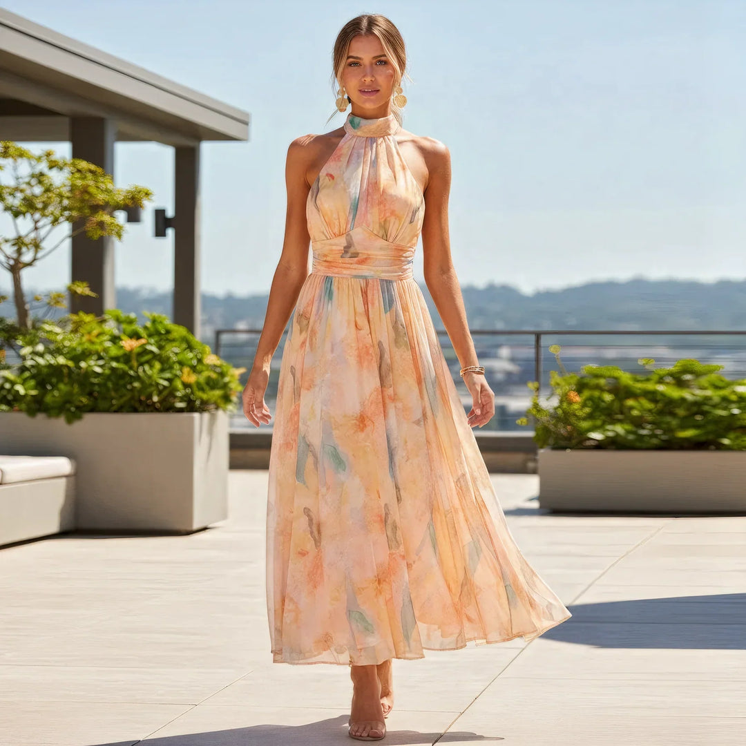 Esther | Robe à Col Halter avec Imprimé Aquarelle