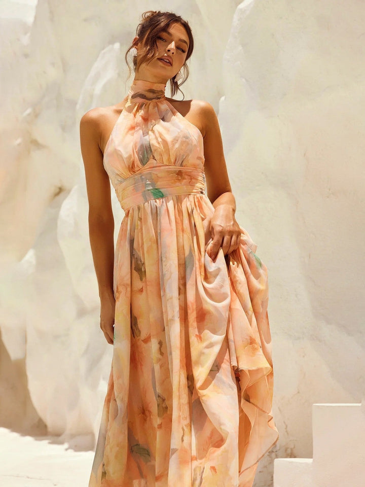 Esther | Robe à Col Halter avec Imprimé Aquarelle