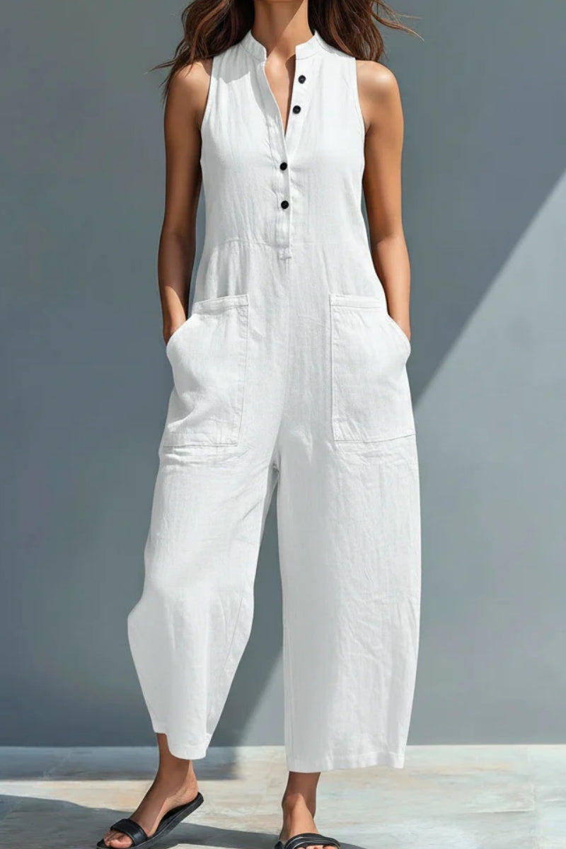Eloïse™ | Combinaison minimaliste sans manches pour femme, avec col montant et patte boutonnée
