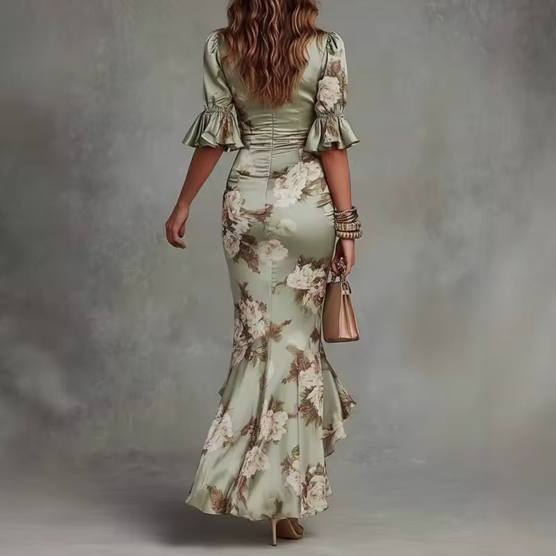 Lucía | Robe longue asymétrique en satin avec imprimé floral