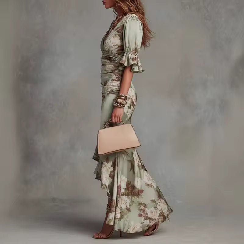Lucía | Robe longue asymétrique en satin avec imprimé floral